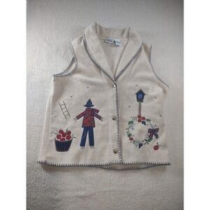 Vintage 80s Capacity Sweater Vest Sz L Autumn Fall Scarecrow Apples Cottage